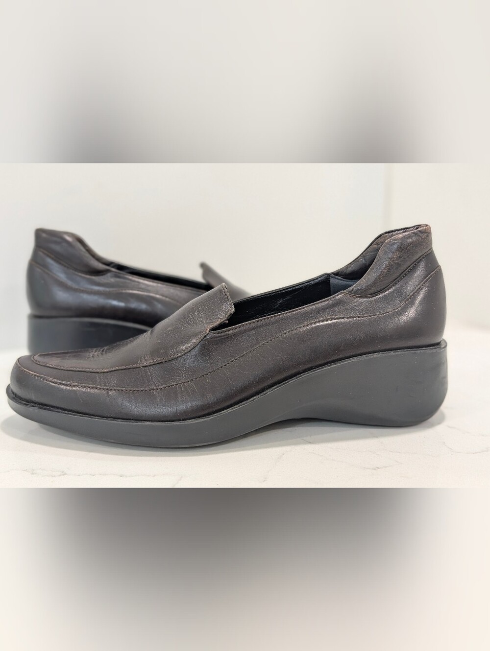 Robert Clergerie Brown Leather Slip On Wedge Loafers  Sz 7.5 B Comfort Low Wedge